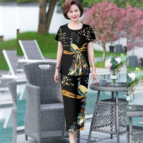 Women 2021 Summer Fashion Printed Two Piece Suits Female Middle-aged Short-sleeved T-shirt Ladies Loose Straight Pants Y23