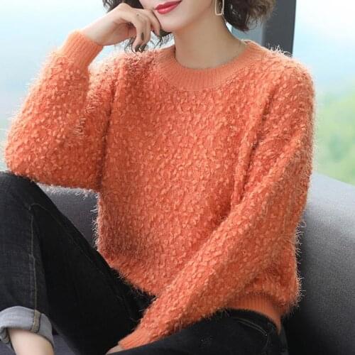 2020 New Autumn Winter Women Faux Mink Knitted Korean Sweaters Pullover Female Long Sleeve O-neck Solid Simple Ladies Tops Z16