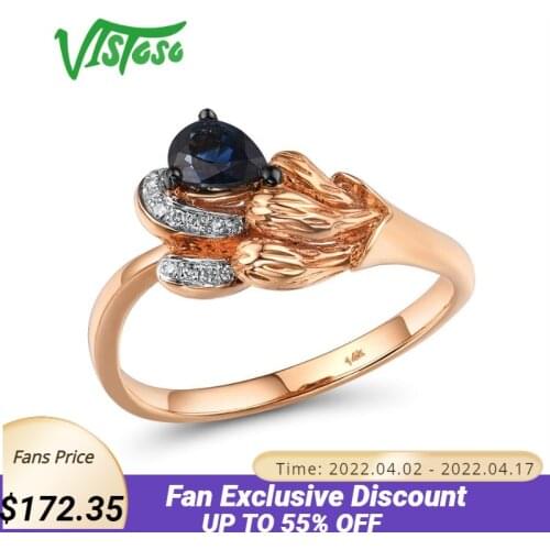 VISTOSO Pure 14K 585 Rose Gold Ring For Women Ring shining Diamond Blue Sapphire Luxury Wedding Engagement Elegant Fine Jewelry