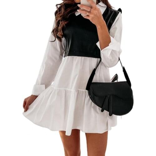 Women Dress Fashion Loose Color Matching Shirt Collar Spandex Long Sleeve Patchwork Mini Dress Womens Clothing женское платье