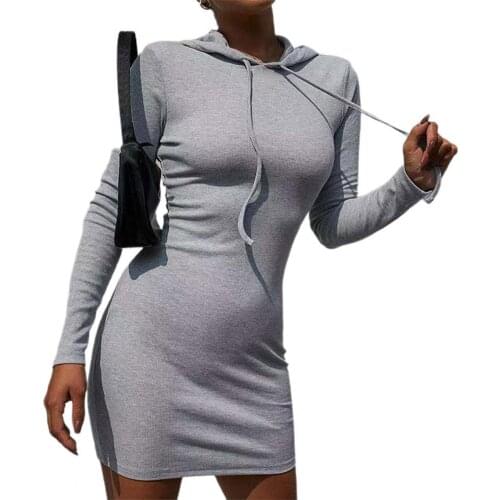 Ele-choices Lady Dress Solid Color Hooded Slim Sexy Drawstring Long Sleeve Autumn Sheath Dress for Daily Wear