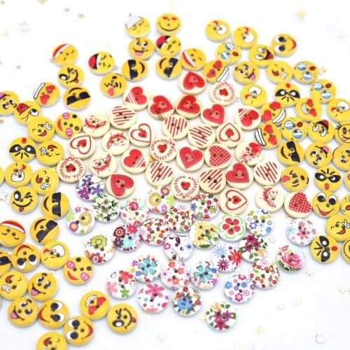15mm Round Wood Two Eye Button Flower Smiling Face Love Print Pattern DIY Handicraft Sewing Clothing Bag Decoration Accessories