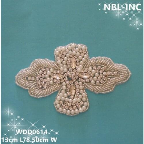30PCS) Wholesale handmade beaded sewing bridal silver clear rhinestone pearl applique for wedding dresses WDD0614