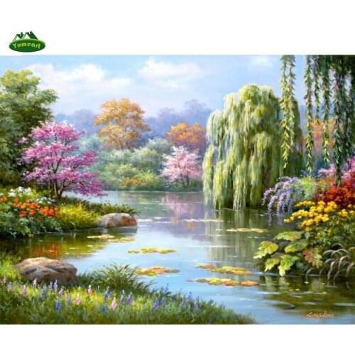 5D Diamond Painting Garden and Lake Landscape Nature Cross Stitch Needlework Diamond Mosaic Embroidery Green Tree Hobbies Crafts