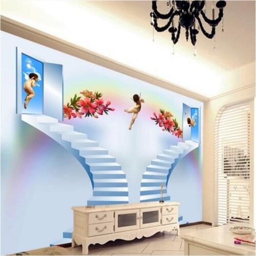 Beibehang Large Custom Wallpapers Angels Lily 3D Stereo Stairs Sofa Bedroom Backdrop papel de parede infantil menina