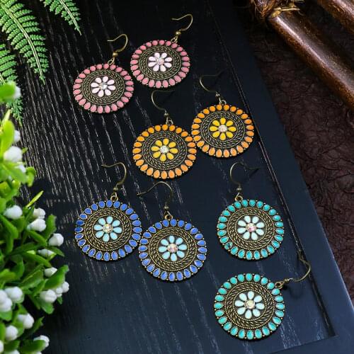 New Bohemian Rhinestone Round Earrings for Women Retro Fashion Colorful Flower Shape Drop Oil Earrings Geometric Jewelry Gift