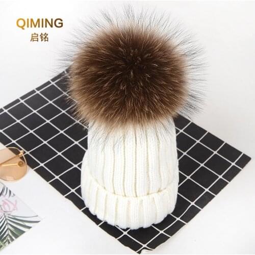 Fashion Knitted Hat Children Female Winter Women Thread Knit Beanies Cap Real Raccoon Fur Pompom Hats Caps Girl #78