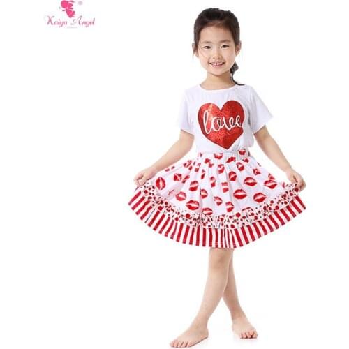 2018 Valentines Girls Outfit LOVE Top Shirt Red Lips Skirt Suit Children Girl Clothing Sets Big Red Heart Sweet Girls Clothes