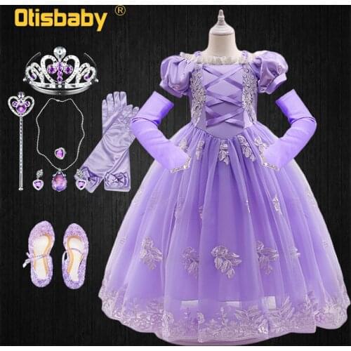 Childrens Lace Flower Princess Sofia Dress for Girls Birthday Party Puff Sleeve Elegant Kids Halloween Sophia Ceremony Costume