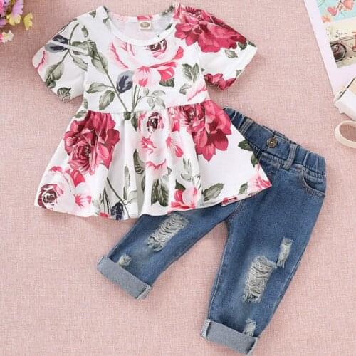 Girls Denim Suit 2019 Hot New Floral Long-sleeved Girls Clothes Waist Shirt Hole Cow Children Flower Print Set