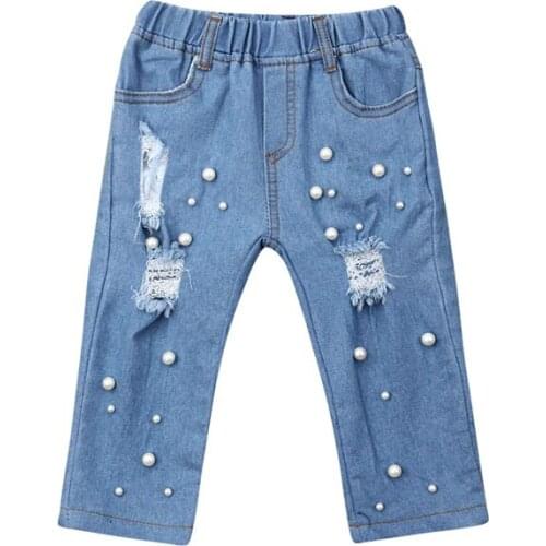 Focusnorm Fashion Kid Girl Summer Casual Shredded Hole Jeans Denim Pants Elastic Trousers