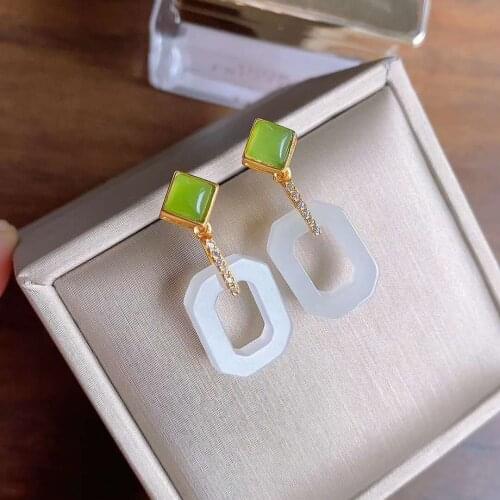 Natural Hetian Jade Square White Jade Stud Earrings for Women Atmospheric Geometric S925 Sterling Silver Ornament