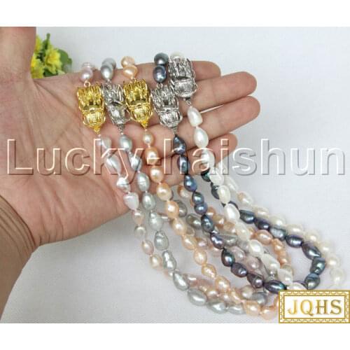 JQHS 17" 12mm baroque potato white pink purple gray peacock black pearls Beaded Strand necklace dragon clasp j11720