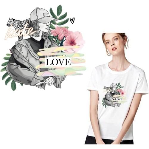 Fashion Love Girl Applique Patches On Clothes Thermo Stickers For Clothes Leaves Flowers Appliques Women T-shirt Ironing Sticker
