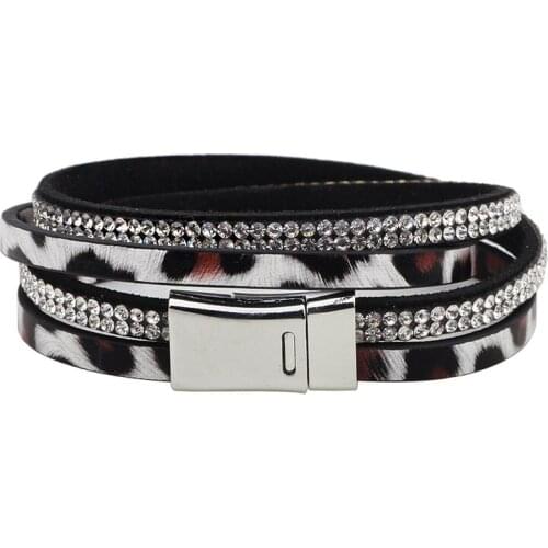 Fashion Rhinestone Leather Wrap Bracelet Crystal Multilayer Leopard Magnetic Clasp Bracelets bangles for Women