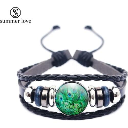 Fashion Wide Mens Weave Chain Wristband Leather Glass Bracelet Peacock feather For Men Classic Bracelets Bangle Jewelry