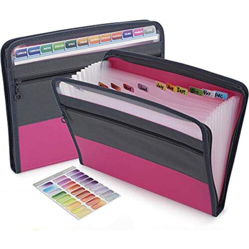 A4 Expanding File Folder with Sticky Labels,13 Pockets Accordion Document Organizer Expanding File Folder with Zipper Closure