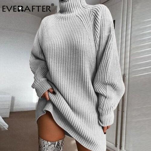 EVERAFTER Elegant sweater dresses for wome turtleneck long sleeve solid loose thicken fashion basic autumn winter knitted dress