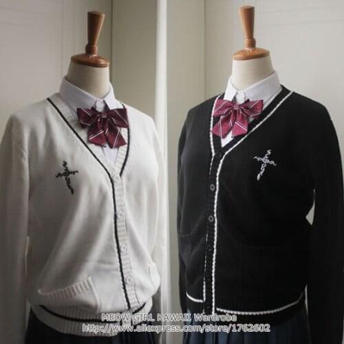 Casual Cross Embroidery Japanese JK School Uniform Sweater Cute Pink Long Sleeve Open Cardigan Cosplay Winter White & Black
