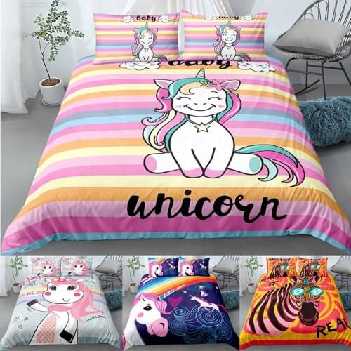 Pink Unicorn Bedding Set Cartoon Design Duvet Cover with Pillow Cases Twin Queen King Size Kids Girls Adult Bedclothes Bedspread