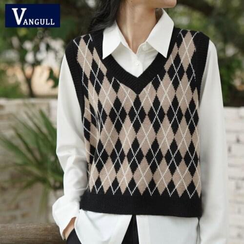 Vangull Vintage Argyle Plaid Sweater Vest Women Spring Autumn New Khaki V-Neck Slim Short Sleeveless Pullovers Knitted Tank Tops