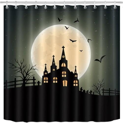 72'' Bathroom Waterproof Fabric Shower Curtain Polyester 12 Hooks Bath Accessory Sets Halloween Bright Moon And Castle Black Bat
