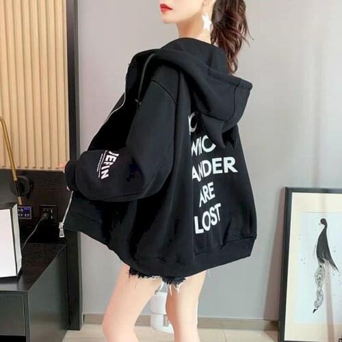 Womens Hoodies All-match Plus Velvet Coat Loose Autumn Winter Clothes 2021 Lazy Style Zipper Harajuku Oversized Long Sleeve Top