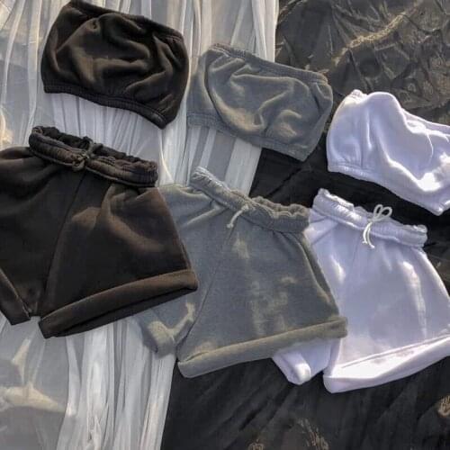 High Street Women Casual Summer High Waist Shorts Sets Strapless Tops Vest And Drawstring Shorts Fashion Streetwear Sports Style
