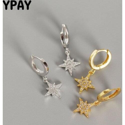 YPAY 100% Genuine 925 Sterling Silver Hoop Earrings for Women Shining Zircon Stars Pendant Delicate Earring Fine Jewelry YME515