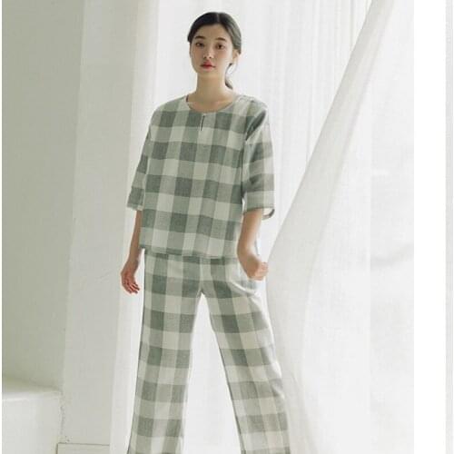 2 Pieces Women Japan Kimono Pajamas Set 100% Cotton Gauze Sleepwear Pijama double-deck Soft Home Clothing Plaid Sleep Loungewear
