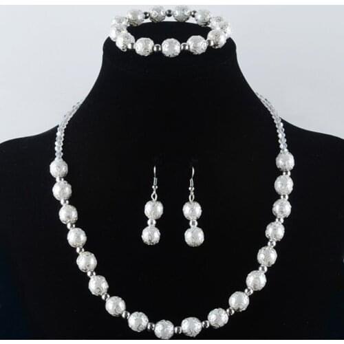 Women Jewellery Gift White Crystal Faceted Pearl Round Beads Necklace Bracelet Earrings Jewelry Set TM808