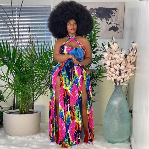 Print Halter Plus Size Dress 2021 Summer Backless Off Shoulder Sexy Dress Pink Sleeveless Bandage Open Hem Maxi Dress for Women