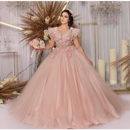 Pink Princess Quinceanera Dress 2021 V-Neck Cap Sleeve Flowers Sequins Beads Backless Sweet 16 Ball Gown Vestidos De 15 Años