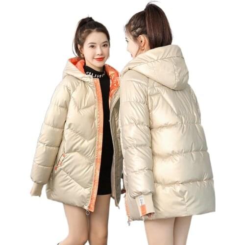 Beardon ParkasWomen Winter Glossy Down Jacket Women Coat Mid-length Hooded Outwear Thick Cotton Padded Female Basic Coats