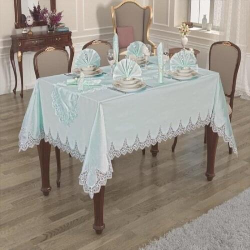 18 pcs Luxurious Table Cloth Set Made in Turkey BLUE Embroideried Lace Tablecloths Rectangle Table Runners Ring Dinner Napkin