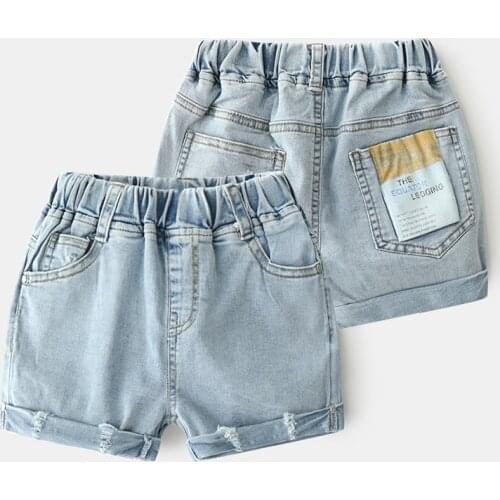 2021 Casual 3 4 6 8 9 10 12 Years Kids Hole Sports Pocket Elastic Waist Handsome Summer Denim Patch Clothes Shorts For Baby Boys