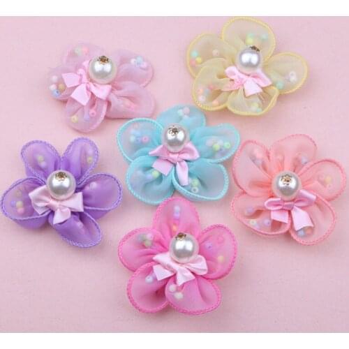 3pcs/Lot Chiffon Fabric Flowers with Ribbon Knot Bow Decor Seed Beads DIY Gir Hair Jewelry Bow Center Ornament Accessories 60mm