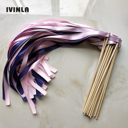 50pcs/lot pink and navy Wedding Ribbon Wands Sticks Fairy Stick Without Bell For Wedding Decoration