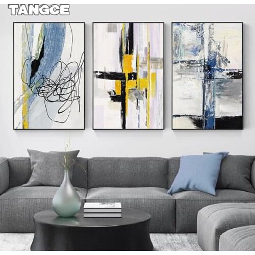 Abstract Blue Yellow Minimalist Art Posters Print Nordic Black Lines Canvas Painting for Living Room Modern Home Decor Pictures