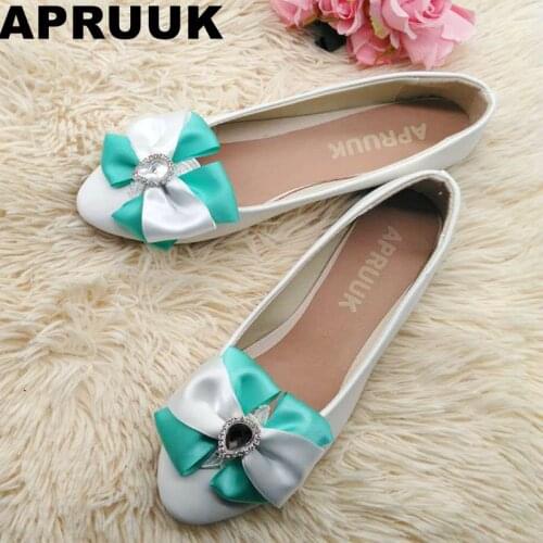 Womens flat heel shoes spring summer autumn green white satin bow-knot casual comfortable ballet flats shoes for woman