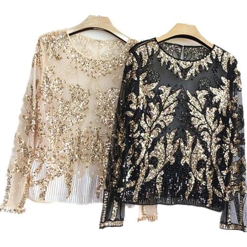 Spring Fashion Vintage Sequined Bead Flower Straight Long Sleeve Blusas Women Tops Roupa Feminina Chemisier Femme 7108