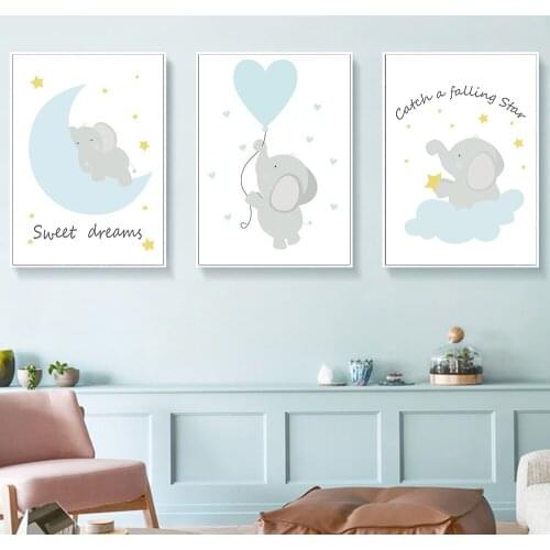 Decor hogar Nordic Poster Blue Elephant Star Canvas Painting Nursery Wall Art Boy Room Decoration Alphabet Kids Bedroom No Frame