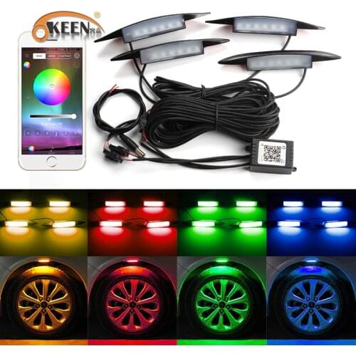 OKEEN 4pcs Under RGB LED Decorative Atmosphere light APP control Flash strobe Car Wheel Eyebrow Neon Lamp mount on Fender Side