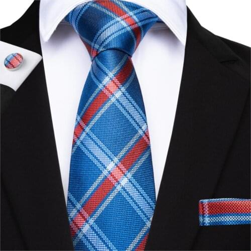 DiBanGu 2019 Classic Blue Red Mens Tie 100% Silk Plaid Ties Hanky Cufflinks Striped Tie Business Wedding Party Tie Set MJ-7124