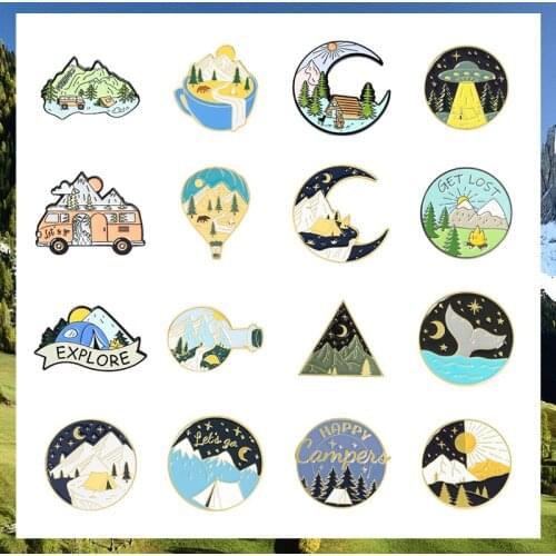 Mountain Enamel Pins Collection Wanderlust Brooches Lake Forest Camping Tree Badges Gift for Adventure Travel Lover