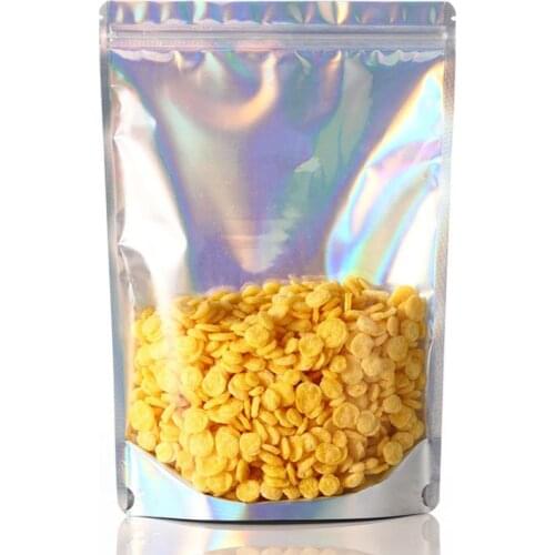 100pcs Holographic Zip Lock Bag Food Storage Pouches Stand Up Reusable Food Plastic Aluminum Foil Resealable Tear Notch Bag
