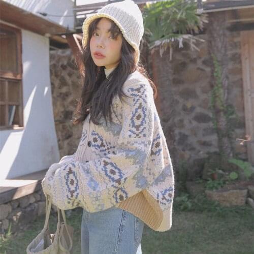 New Oversize Womens Sweaters Autumn Winter sweater Vintage buttons O Neck Cardigans Single Breasted Puff Sleeve Loose Cardigan