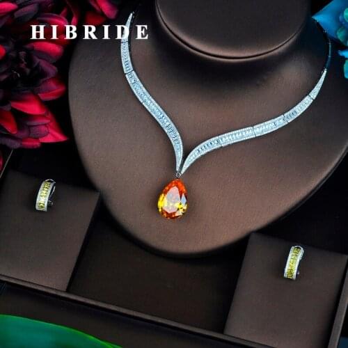 HIBRIDE Luxury Yellow Water Drop Cubic Zirconia Women Jewelry Sets Necklace Set Wedding Bride Dress Accessories Party Show N-444
