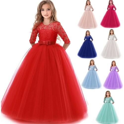 Lace Half Sleeve Dress Girls First Communion Princess dress Tulle Bow Kids Dresses For Girls Long Dress Junior girl dress cloth