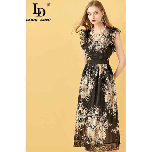 LD LINDA DELLA Summer Fashion Runway Dress Women Vintage Chiffon Butterfly Sleeve Lace Patchwork Floral Print Female Midi Dress